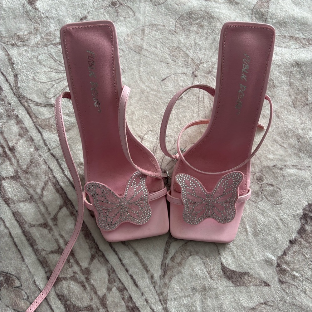Public Desire Y2K Pink Butterfly Embellished Heels